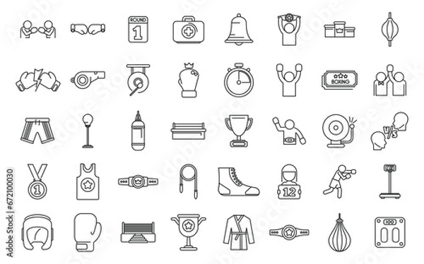 Fototapeta Boxing tournament icons set outline vector. Academy battle club. Glove fighter kick