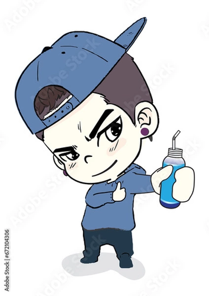 Fototapeta Child In a coat and cap Present the drink in the left hand.