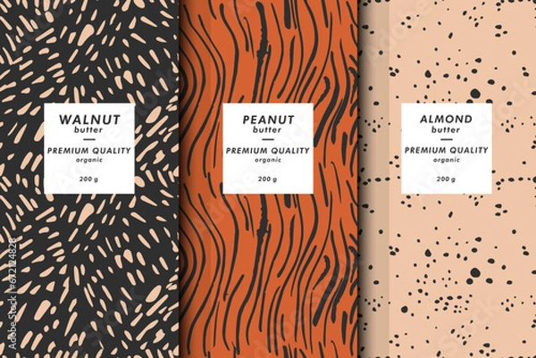 Fototapeta Vector illustration set of templates contemporary abstract cover and patterns for nuts butter packaging with labels. Minimal modern backgrounds
