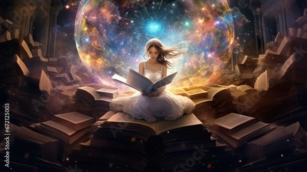 Fototapeta Esoteric concept: Girl reading the book of life metaphorically. Great library of records of the Akashic chronicle, Mystical knowledge archive of information in the vastness of the Universe