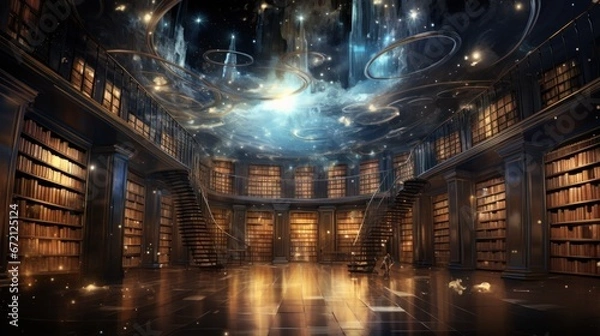 Fototapeta Esoteric concept: Great library of records of the Akashic chronicle, Mystical knowledge archive of information in the vastness of the Universe