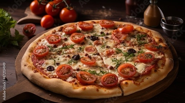 Obraz Beat see of blended pizza with tomato, dark olive and dissolved cheese