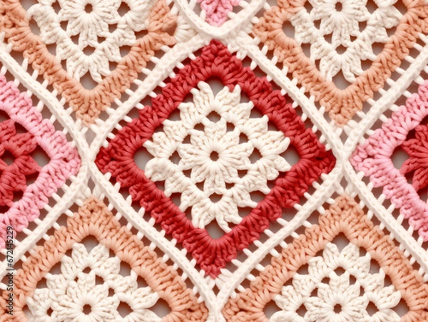Fototapeta Granny square pattern. Multicolor crochet flowers. Top View Colorful illustration