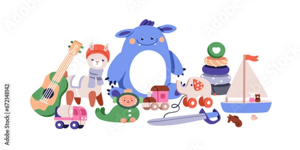 Fototapeta Cute toys for play and fun. Nursery and kindergarten items composition. Funny games, dinosaur, pyramid stacking, guitar, ship for baby. Kids flat vector illustration isolated on white background