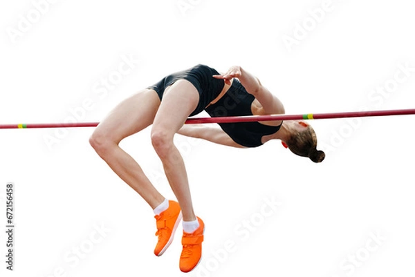 Obraz woman jumper high jump in summer athletics championships, isolated on transparent background