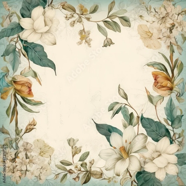 Fototapeta Vintage style botanical floral framed background with antique typographical texture