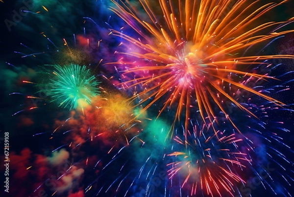 Fototapeta Colorful fireworks exploding at night against sky