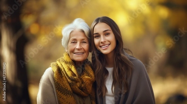 Fototapeta Grandmother and granddaughter walk in a park in nature in autumn on a sunny day, connection between generations, spending time with family