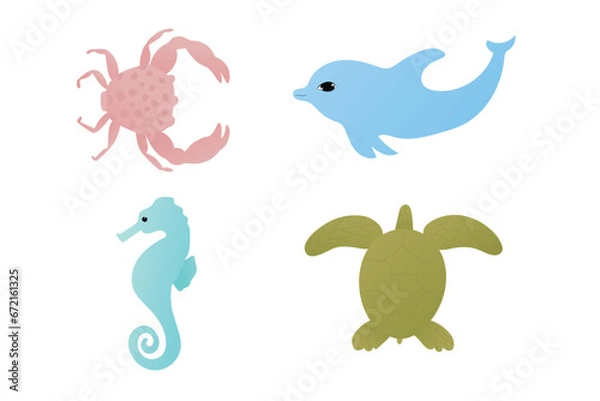 Obraz Cute crab, seahorse, turtle and dolphin isolated on a white background 
