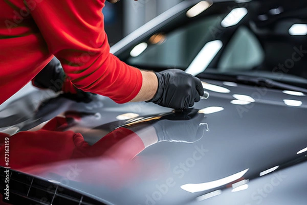 Fototapeta Mechanic in a car repair shop restores the protective coating of a car body. Close-up of the master's hands