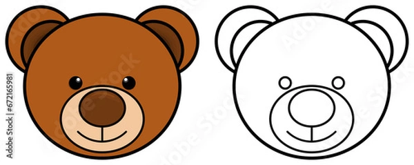 Obraz Bear head icon. Coloring book page for children. Colored and outline illustration isolated on transparent background.