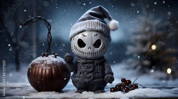 Obraz Christmas theme. Cute little snowman with a pumpkin in the snow.