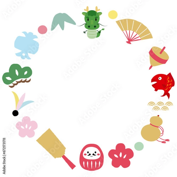 Fototapeta 龍と縁起物のフレームイラスト　パステルカラー