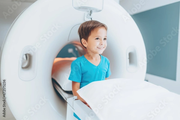 Obraz Kid taking magnetic resonance MRI exam at hospital. Generative Ai