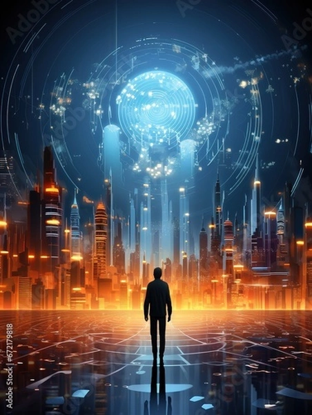 Fototapeta Visualization of the relationship between humans and artificial intelligence. Digital data, digital cloud. Network and Internet. Ai generative.