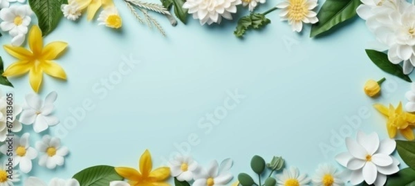 Fototapeta Spring flower pattern frame background. Copy space for text and advert. Generative AI technology.	
