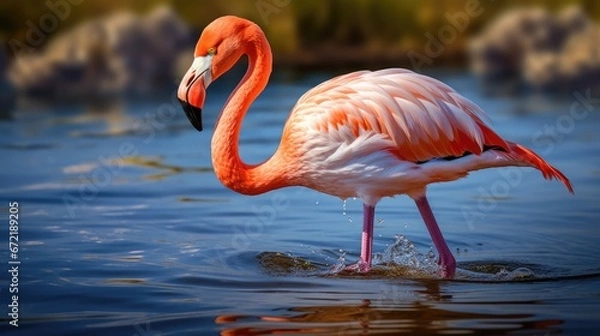 Fototapeta Pink big bird Flamingo in the water. Wildlife animal scene from nature.