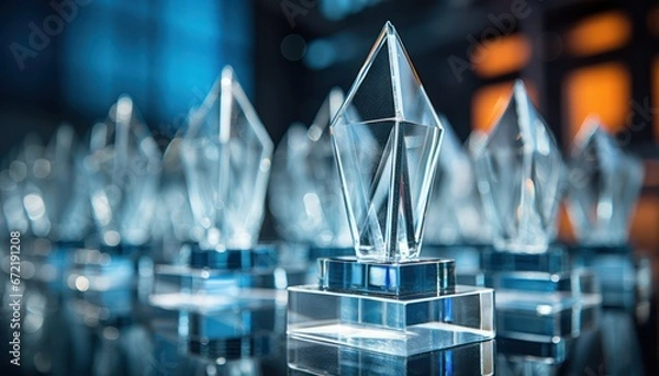 Obraz Photo of a Shimmering Display of Achievement: Crystal Trophies Gleaming on a Table