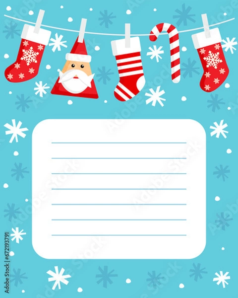 Obraz Template letter to Santa Claus with wish list and cartoon socks. Christmas layout, postcard