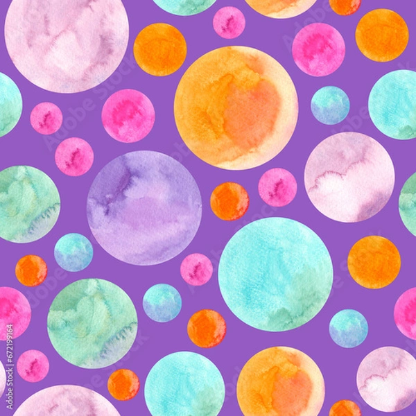 Fototapeta Seamless pattern of watercolor colorful circles. Hand drawn illustration. Hand painted elements on violet background.	