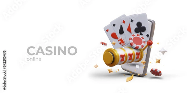 Fototapeta Online casino poster with place for text. Gambling concept, playing poker in mobile app. Slot machine, game cards, red chips, smartphone. Vector illustration in 3D style