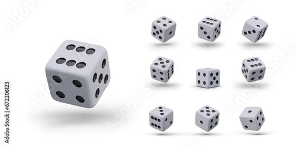 Fototapeta Set of vector realistic gambling dice in different positions. Isolated illustrations with reflections and shadows. Elements for vector combinations. All game faces