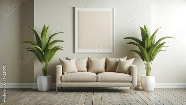 Fototapeta Cozy living room setup with plush sofa and green houseplants, frame mock-up hanging on the wall, natural light interior design, home staging concept
