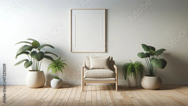 Obraz Spacious room with wooden floor, empty poster frame mock-up, comfortable armchair and lush green plants, interior design concept