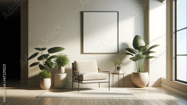 Obraz Sunlit minimalist living area with a blank poster frame mock-up, lush green plants, and a neutral-toned armchair, home decor concept