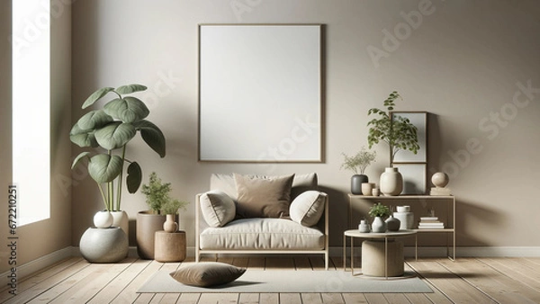Obraz Minimalistic living room interior with blank poster frame mock-up, cozy beige sofa surrounded by potted plants, modern home design with wooden elements, home decor concept