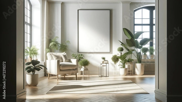 Obraz Elegant living room interior with a blank poster frame mock-up, stylish furnishings complemented by green indoor plants, modern home design, decor concept