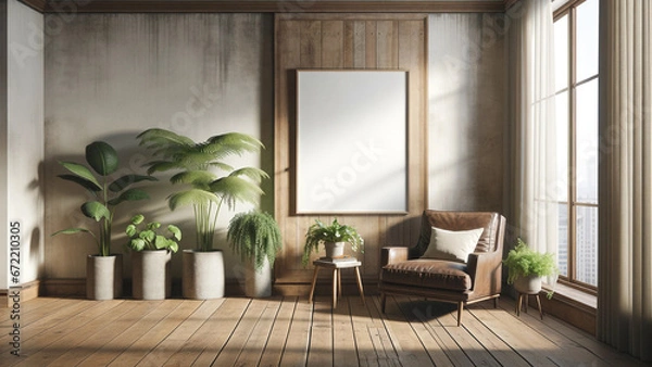 Obraz Elegant interior with warm wooden accents, lush greenery, and sunlit ambiance, poster mock-up for design presentation