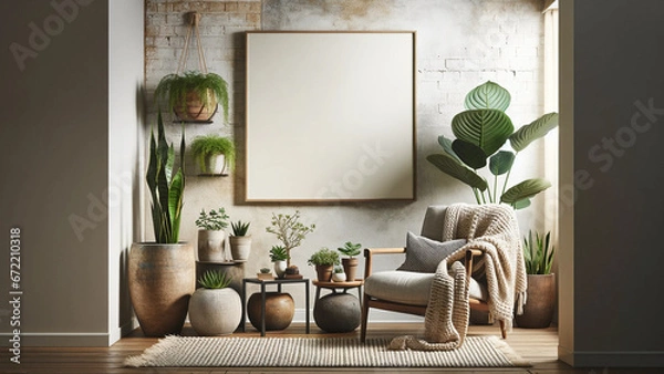Obraz Chic urban living space with rustic wall, greenery ambiance and contemporary furnishings, poster mock-up for design display