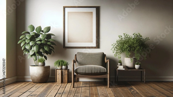 Obraz Minimalistic interior with large blank framed poster mock-up, elegant wooden armchair with textured cushion, wooden flooring, selection of vibrant potted green plants, interior design concept