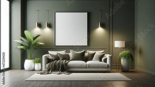 Obraz Living space with muted green walls, plush sofa with soft cushions, empty white frame mock-up, pendant lighting casting gentle glow, indoor plants, contemporary interior design concept