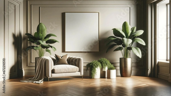Obraz Sophisticated living space highlighted by sunlight, with large green tropical plants, comfy beige couch with draped blanket, and an empty golden-framed canvas, luxury home design concept