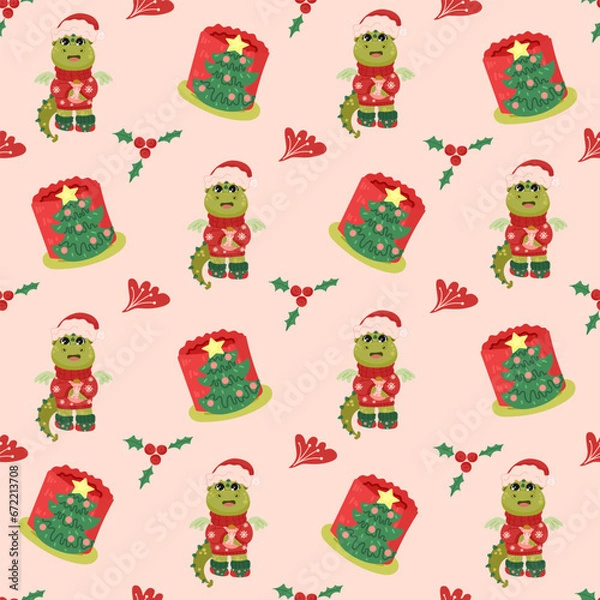 Fototapeta Christmas and Happy New Year seamless pattern with Christmas toys, gifts and sweets. Trendy retro style. 