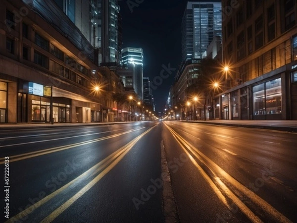 Fototapeta Blurred motion of city street illuminated buildings at night. AI Generative