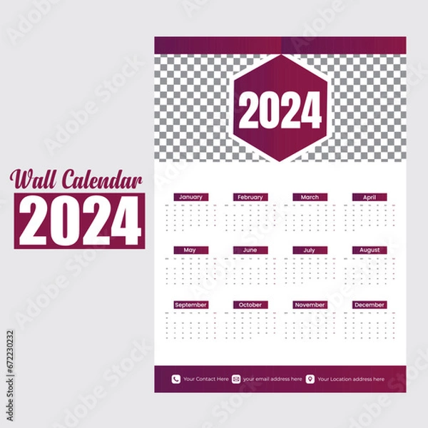 Fototapeta Wall Calendar 2024 Template Design. One Page Calendar. 12 Months Calendar. 