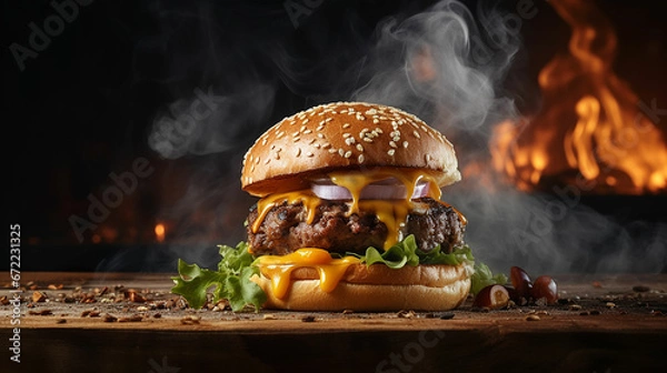 Fototapeta hamburger with cheddar cream and fresh and tasty brioche bun on smoke and dark wooden table. Made with generative ai