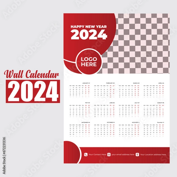 Fototapeta Wall Calendar 2024 Template Design. One Page Calendar. 12 Months Calendar. 