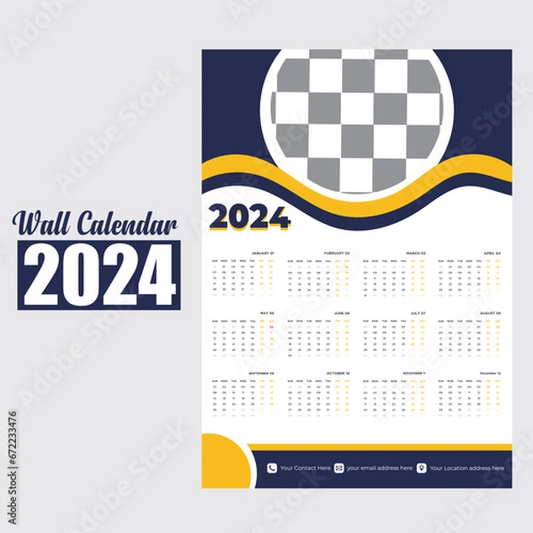 Fototapeta Wall Calendar 2024 Template Design. One Page Calendar. 12 Months Calendar. 