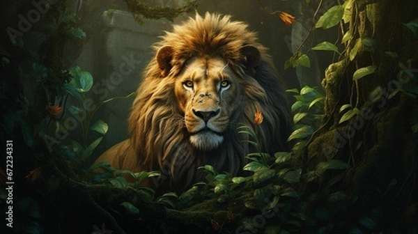 Fototapeta AI generated illustration of a lion sitting in a lush green forest