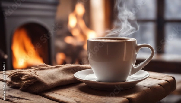 Obraz Warm Ambiance Coffee Cup on Wooden Table with Fireplace in the Background