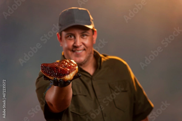 Fototapeta Barbecue master. Middle aged hispanic man for barbecue. Roasting, grilling and smoking food. Man hold rump cap smoked barbecue. Roasting meat outdoors. Barbecue and grill.