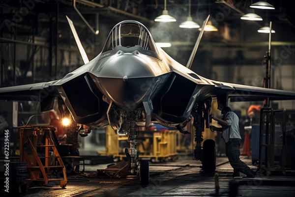 Fototapeta Aviation engineer performing maintenance on a modern jet fighter inside a military hangar.