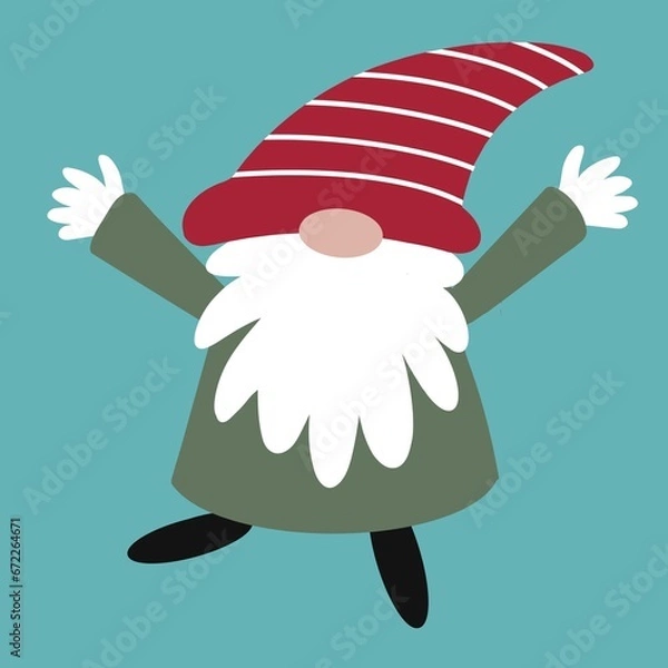 Fototapeta Happy Christmas gonk. This fun gnome like character has a big bushy beard, colourful clothing and a quirky striped hat. He is in an excited, lively pose. Contemporary design for the festive season.