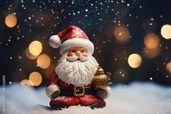 Fototapeta Santa Claus Doll in Snowy Wonderland with Bokeh Lights