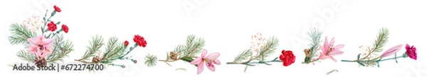 Fototapeta Horizontal panoramic border with pine branches, cones, needles, pink lilies, and red carnation flowers. Realistic digital Christmas tree in watercolor style. Botanical illustration for design, vector