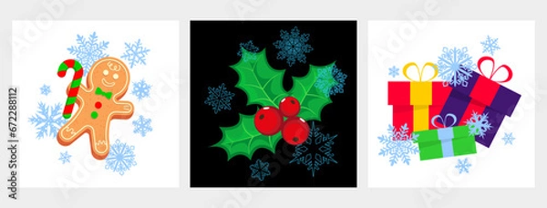 Fototapeta Set of three templates with traditional Christmas and New Year design elements. Gingerbread man, holly and gift boxes for cards, textiles, clothing, wrapping paper, home decor